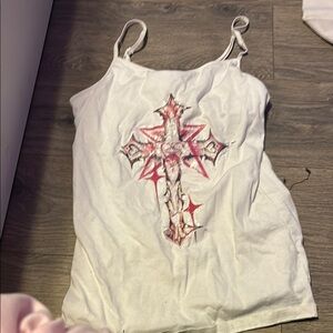 H&M White Pink Graphic Fitted Camisole